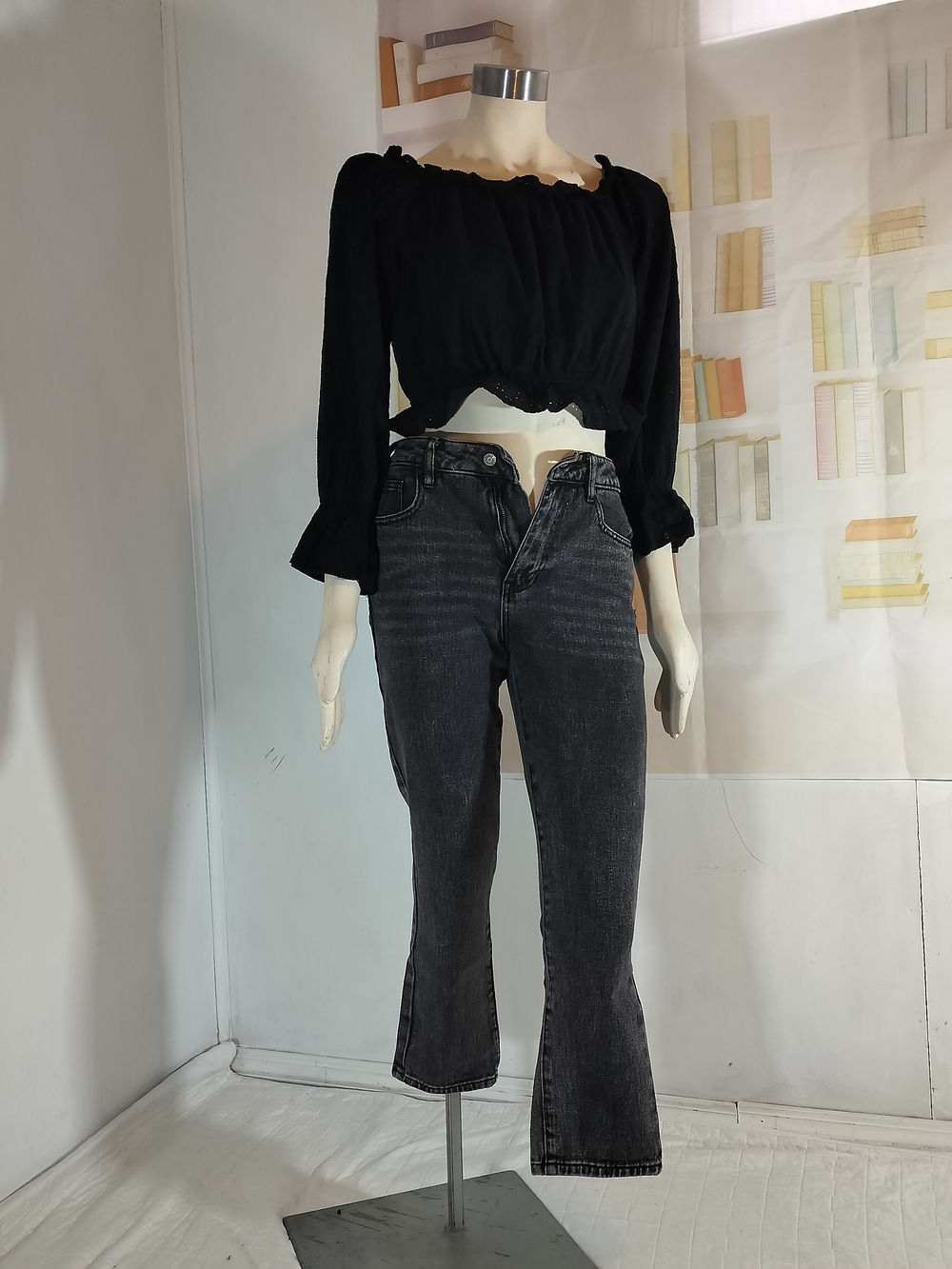 & Other Stories Black Eyelet Off-Shoulder Crop Top - Picture 2 of 4